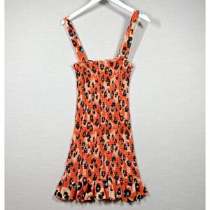 Waverly Grey Dress Women M Orange Leopard Smocked Sundress Ruffle Hem